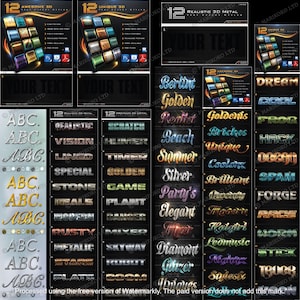 以下が含まれることがあります： 3Dテキスト効果とグラフィックスタイルを備えたデジタルデザイン要素のコレクション。画像は、「Awesome 3D」や「Unique 3D」などの単語を含む、メタリック、発光、テクスチャの外観を持つさまざまなテキストスタイルを示しています。