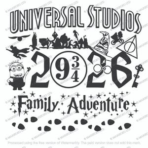 May include: A black and white graphic design featuring the words "UNIVERSAL STUDIOS" and "Family Adventure." The design includes silhouettes of characters, the number "9 3/4," and other iconic symbols. A key and a Minion are also included.