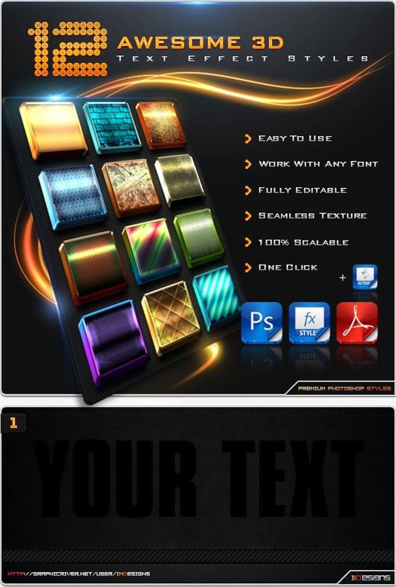 Awesome 3D Fonts Pack - Photoshop Styles ASL & PSD - Realistic 3D Fonts Bundle - Metal, Gold, Chrome, Glass Layer Effects - 3D Text Effects