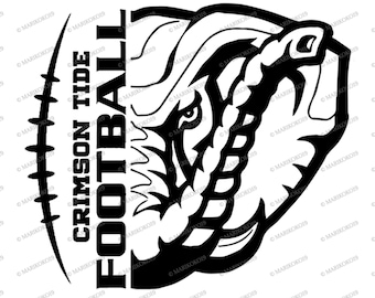 May include: Black and white graphic design featuring a football with the text "CRIMSON TIDE FOOTBALL" and a stylized image of a snarling tiger's head.