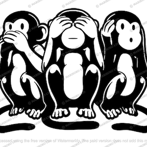 May include: Three black and white monkeys, each covering a different part of their face. The monkey on the left is covering its mouth, the monkey in the middle is covering its eyes, and the monkey on the right is covering its ears.