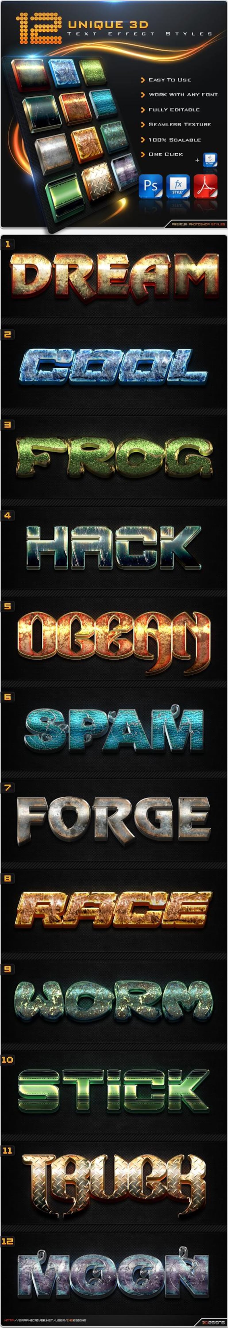 Awesome 3D Fonts Pack - Photoshop Styles ASL & PSD - Realistic 3D Fonts Bundle - Metal, Gold, Chrome, Glass Layer Effects - 3D Text Effects