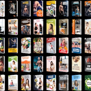 Könnte beinhalten: Eine Sammlung von Buchcovern zu Themen wie Fitness, Gewichtsverlust und gesunde Ernährung. Die Cover zeigen Bilder von Menschen beim Training, gesunden Lebensmitteln und motivierenden Texten. Die Farbpalette ist hell und lebendig.