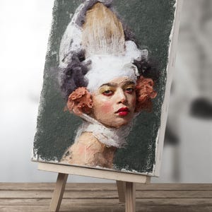 Könnte beinhalten: Ein Gemälde auf einer Holzstaffelei von einer Frau mit einem weißen und goldenen Kopfschmuck und roten Blumen auf einem dunkelgrünen Hintergrund.