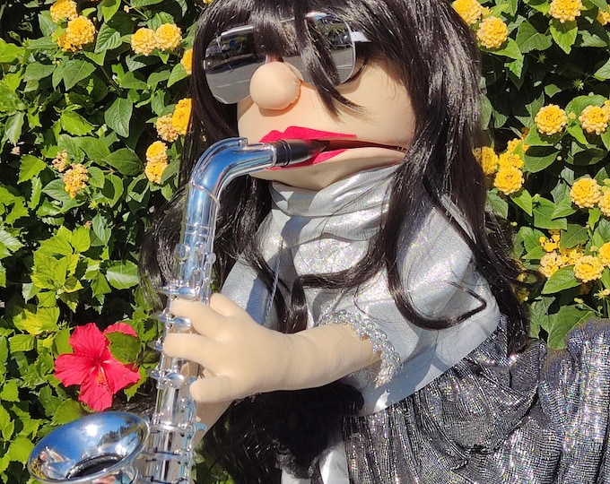 Glam Saxophonist Puppet with Silver Sax. Handmade in Studio7 Spain
