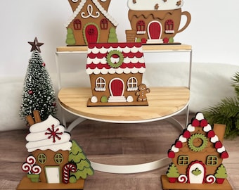 Hand-Painted Wooden Gingerbread House Village: Christmas Tiered Tray Decor