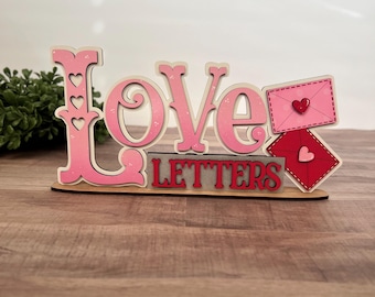Love Letters Valentine Shelf Sitter, Wood Valentine Decor, Hand-Painted Valentine Sign, Tiered Tray Shelf Decor
