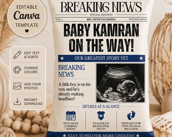 Baby Announcement Newspaper, Newspaper Pregnancy Announcement, Large Pregnancy Reveal Newspaper Template, Newspaper Baby Shower Template #1A