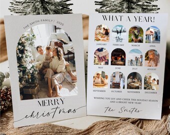 Plantilla de periódico para tarjeta navideña con resumen del año, collage de fotos para tarjeta de qué año es, plantilla para tarjeta festiva de qué año es, tarjeta navideña Arch C1