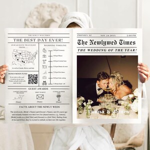 Puede incluir: Un anuncio de boda de estilo periódico en blanco y negro con una foto de la novia y el novio brindando con champán. El titular dice "The Newlywed Times" y "The Wedding of the Year!" El anuncio incluye un cronograma de la boda, premios para los invitados y datos sobre los recién casados. Los nombres de la novia y el novio son Emma y James.