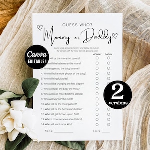 Juego de Adivina Quién es Mamá o Papá / Juego para Fiesta de Baby Shower / Juego de Mamá o Papá Juego de Baby Shower Juego de Trivia Quién lo Dijo Juego de Ducha Minimalista
