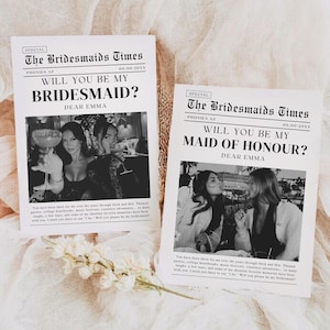 Propuesta de dama de honor en periódico / Plantilla de propuesta de dama de honor en periódico / ¿Quieres ser mi dama de honor? / Plantilla de tarjeta de información de dama de honor