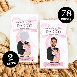 Lazo rosa, ¿Quién tiene al papá del bebé? Juego para baby shower, Adivina quién es mamá o papá, Juego para encontrar al papá, Juego de raspadito de famosos, Juego para papá del bebé