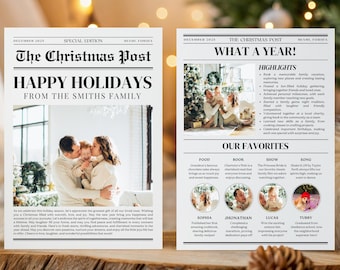 Plantilla de tarjeta navideña de resumen del año, collage de fotos de tarjetas de Año Nuevo, plantilla de tarjeta navideña de periódico imprimible, foto del boletín navideño