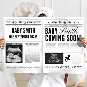 Könnte beinhalten: Eine Schwarzweiß-Zeitungsanzeige mit der Überschrift "The Baby Times", die die Ankunft von "Baby Smith" im September 2025 ankündigt. Die Anzeige enthält ein Ultraschallbild und den Text "Wir freuen uns, die aufregende Nachricht zu teilen, dass unsere Familie wächst."