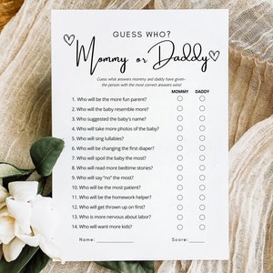 Jeu de Devinez qui, maman ou papa | Jeu Fête Prénatale | Jeu Papa ou Maman | Jeu de Baby Shower | Qui a dit jeu-questionnaire Jeu minimaliste