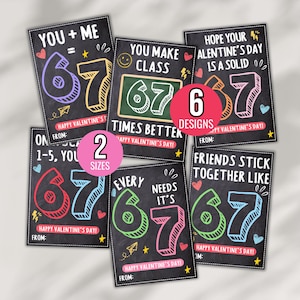 May include: A set of Valentine's Day cards with a chalkboard aesthetic. The cards display the numbers 67 in different colours, alongside phrases such as "You + Me" and "Friends Stick Together Like." Available in 2 sizes and 6 designs.