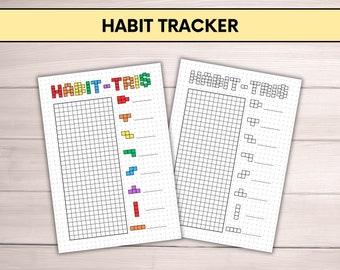 May include: A printable habit tracker with a Tetris theme. The tracker has a grid for each day of the month and a space to write down the habit. The grid is filled in with colored blocks to represent the days that the habit was completed.