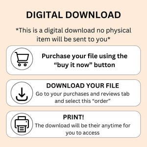 May include: A digital download instruction guide with three steps: purchase, download, and print. The guide features icons for a shopping cart, a download arrow, and a printer.