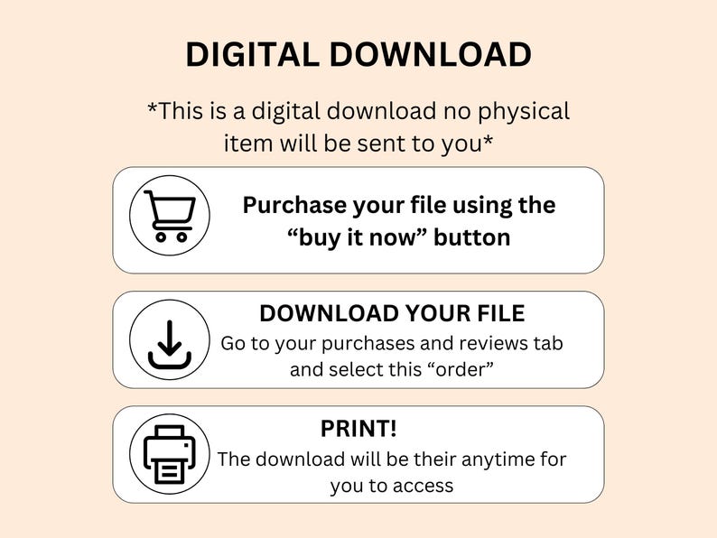 May include: A digital download instruction guide with three steps: purchase, download, and print. The guide features icons for a shopping cart, a download arrow, and a printer.