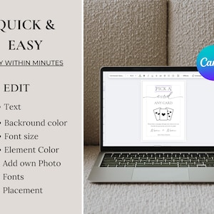 以下が含まれることがあります： Canvaの画面に、白い背景と黒いテキストで「Pick a Card」という印刷可能なゲームテンプレートが表示されています。テキストには「Pick a card, any card」と書いてあります。白いハートが描かれた黒いトランプが4枚あります。カードの下には「Name & Name」というテキストがあります。画像の左側には「DIY within minutes」と「Edit」というテキストがあります。「Edit」の下には「Text, Background color, Font size, Element Color, Add own Photo, Fonts, Placement」というテキストがリストされています。
