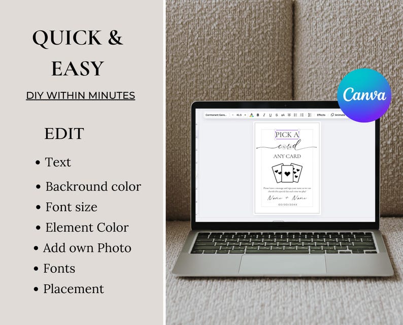 以下が含まれることがあります： Canvaの画面に、白い背景と黒いテキストで「Pick a Card」という印刷可能なゲームテンプレートが表示されています。テキストには「Pick a card, any card」と書いてあります。白いハートが描かれた黒いトランプが4枚あります。カードの下には「Name & Name」というテキストがあります。画像の左側には「DIY within minutes」と「Edit」というテキストがあります。「Edit」の下には「Text, Background color, Font size, Element Color, Add own Photo, Fonts, Placement」というテキストがリストされています。