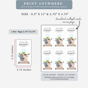 Peut inclure: Cartes de jeu imprimables pour une f&ecirc;te de b&eacute;b&eacute; ou une r&eacute;v&eacute;lation de sexe. Chaque carte pr&eacute;sente une illustration de dessin anim&eacute; d'un couple tenant un b&eacute;b&eacute; avec le texte "Qui est le papa ?" et un espace pour un nom. Les cartes sont con&ccedil;ues pour &ecirc;tre imprim&eacute;es sur du papier de 8,5 x 11 pouces et peuvent &ecirc;tre coup&eacute;es &agrave; 2,75 x 4,75 pouces.
