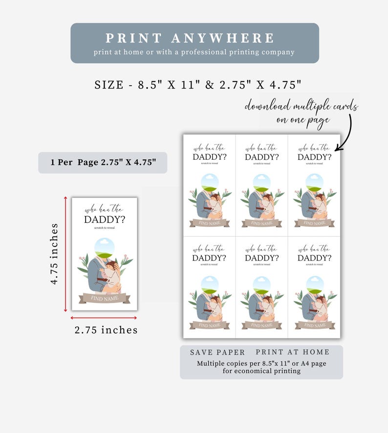 Peut inclure: Cartes de jeu imprimables pour une f&ecirc;te de b&eacute;b&eacute; ou une r&eacute;v&eacute;lation de sexe. Chaque carte pr&eacute;sente une illustration de dessin anim&eacute; d'un couple tenant un b&eacute;b&eacute; avec le texte "Qui est le papa ?" et un espace pour un nom. Les cartes sont con&ccedil;ues pour &ecirc;tre imprim&eacute;es sur du papier de 8,5 x 11 pouces et peuvent &ecirc;tre coup&eacute;es &agrave; 2,75 x 4,75 pouces.
