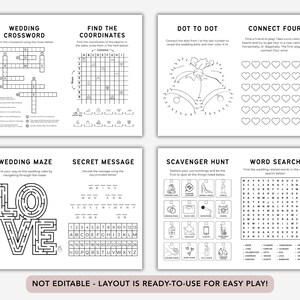 May include: A set of black and white wedding activity sheets featuring games like a crossword, maze, and word search. Each sheet has a title and instructions. The text at the bottom reads: "NOT EDITABLE - LAYOUT IS READY-TO-USE FOR EASY PLAY!"