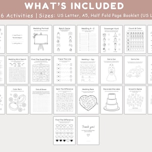 May include: A printable wedding activity booklet featuring 26 different activities, including a wedding word scramble, a scavenger hunt, a match game, a count and colour activity, and a find the guest bingo game. The booklet is designed for US Letter size paper and can be printed in either US Letter or A5 size.