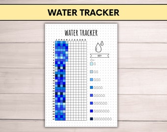 Puede incluir: Un rastreador de agua imprimible con una cuadrícula para registrar la ingesta diaria de agua. La cuadrícula está dividida en 31 días y tiene una clave que muestra diferentes tonos de azul que representan el número de vasos de agua consumidos. El texto "WATER TRACKER" está en la parte superior de la página.
