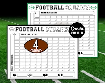 Editable Football Squares, 100 Squares Football Pool, Football Fundraiser, 100 Football Squares Team Fundraiser Football Pool Sheet Template