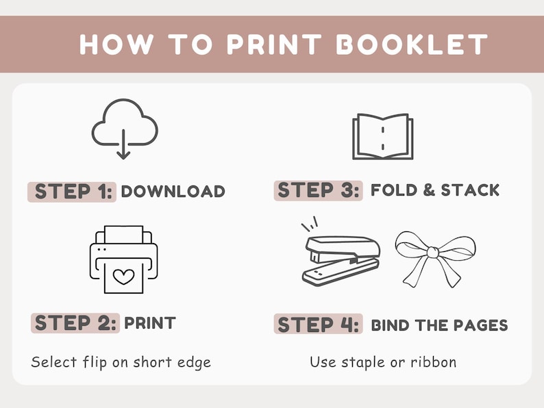 May include: An instructional graphic showing how to print a booklet. The steps are download, print, fold & stack, and bind the pages with a staple or ribbon. The text reads "How to Print Booklet."