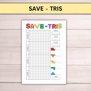 May include: A printable tracker for a game called "Save-Tris". The tracker has four levels, each with a grid of squares. The goal is to complete each level by filling in the squares with colored blocks. The tracker also includes a section for recording the total number of blocks used.