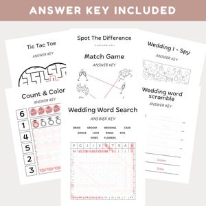 May include: Printable wedding games answer key with a pink and white colour scheme. The games include tic tac toe, spot the difference, match game, count and colour, wedding word search, wedding I-spy, and wedding word scramble.