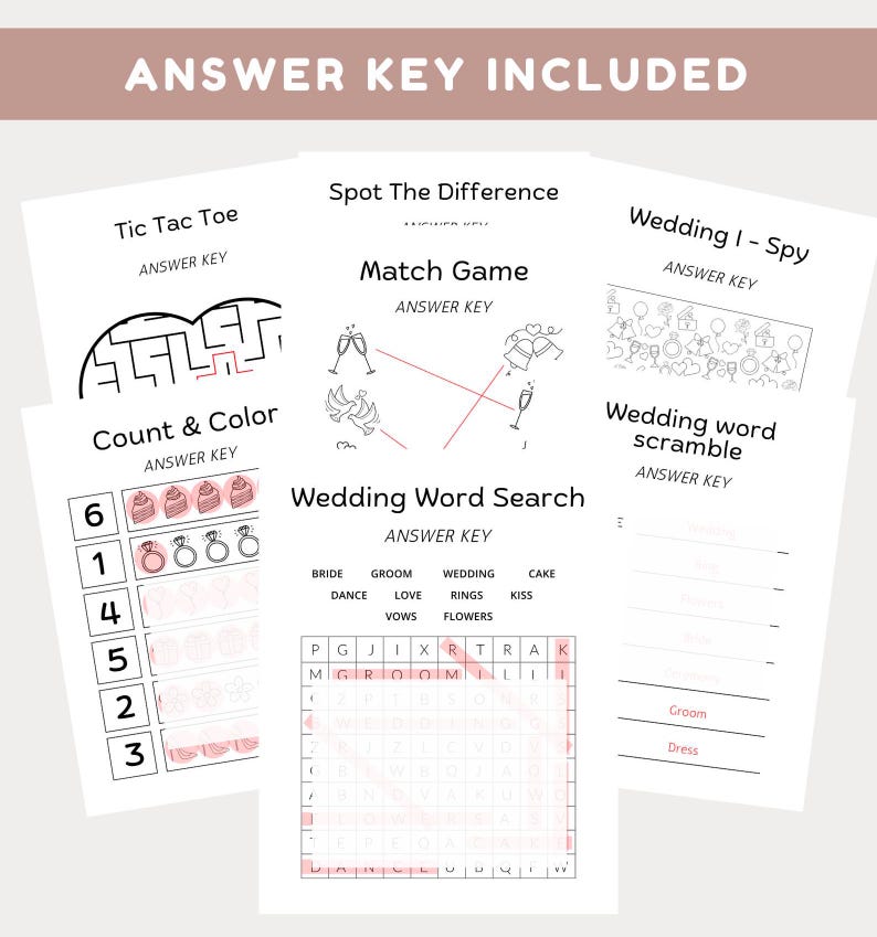 May include: Printable wedding games answer key with a pink and white colour scheme. The games include tic tac toe, spot the difference, match game, count and colour, wedding word search, wedding I-spy, and wedding word scramble.