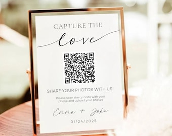 愛を捉える QR コード サイン、愛を共有する QR コード、結婚式の写真を共有する QR コード、QR コード写真サイン、結婚式の写真 QR コード カード テンプレート