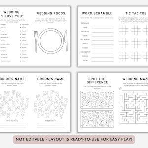 May include: A collection of black and white wedding activity sheets, featuring games like a word scramble, tic-tac-toe, and a maze. The sheets include the text "WEDDING" and "NOT EDITABLE - LAYOUT IS READY-TO-USE FOR EASY PLAY!" for easy play.