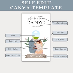 Peut inclure: Une carte de r&eacute;v&eacute;lation de sexe imprimable avec une zone &agrave; gratter qui dit "Qui a le papa ?" La carte pr&eacute;sente une illustration de dessin anim&eacute; d'une personne tenant un b&eacute;b&eacute; dans un porte-b&eacute;b&eacute;. La carte est personnalisable avec des options de texte, de police et de couleur.
