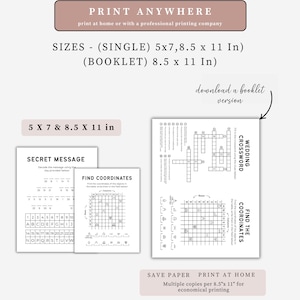 May include: Printable wedding games, including a crossword, secret message, and find the coordinates game, printed on white paper. Available in 5x7 and 8.5 x 11 inches (21.6 x 27.9 cm) sizes. The text 'Print Anywhere' is visible.