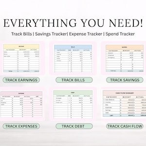 May include: A financial planning graphic with the text "EVERYTHING YOU NEED!" and several charts for tracking income, bills, savings, expenses, debt, and cash flow. Each chart has a category, budget, and actual column.