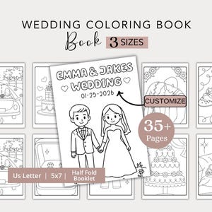 May include: A wedding coloring book with the text "WEDDING COLORING BOOK" and "Book 3 SIZES". The cover features a bride and groom illustration with the text "EMMA & JAKES WEDDING 01-25-2026". Includes "35+ Pages" and "Customize" options.