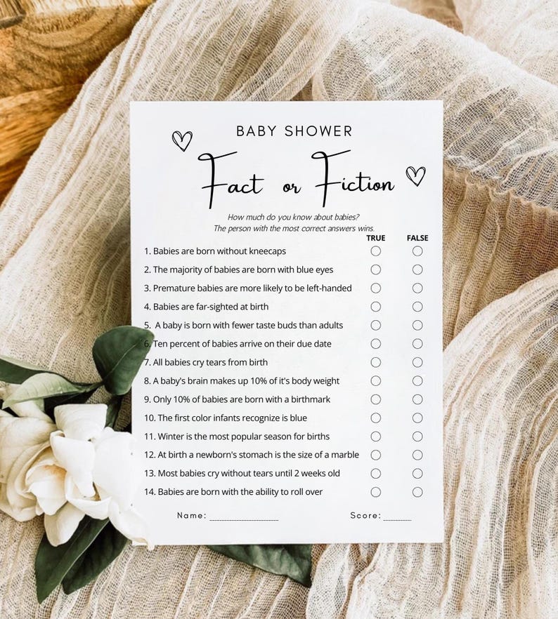May include: A printable baby shower game titled "Fact or Fiction" with 14 questions about babies. Each question has a true or false answer option. The game includes a space for the player's name and score.