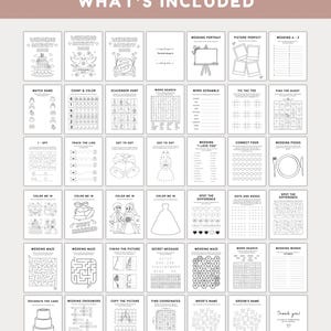 May include: A set of printable wedding activity sheets, featuring games, mazes, and colouring pages. The sheets include activities such as word searches, dot-to-dot, and connect four, all with a wedding theme. The text "WHAT'S INCLUDED" is at the top of the image.
