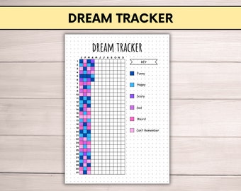 May include: A printable dream tracker with a grid for each month of the year. The grid is color-coded to track different dream types: funny, happy, scary, sad, weird, and can't remember.
