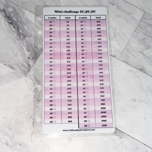 Peut inclure: Un tableau imprimable blanc et rose avec le titre "Mini challenge 1€,2€,3€". Le tableau comporte deux colonnes intitulées "A mettre" et "Total". Le tableau liste des montants en euros de 1€ à 54€ dans la colonne "A mettre" et le montant total correspondant en euros de 85€ à 110€ dans la colonne "Total". Le tableau est conçu pour un défi de finances personnelles.