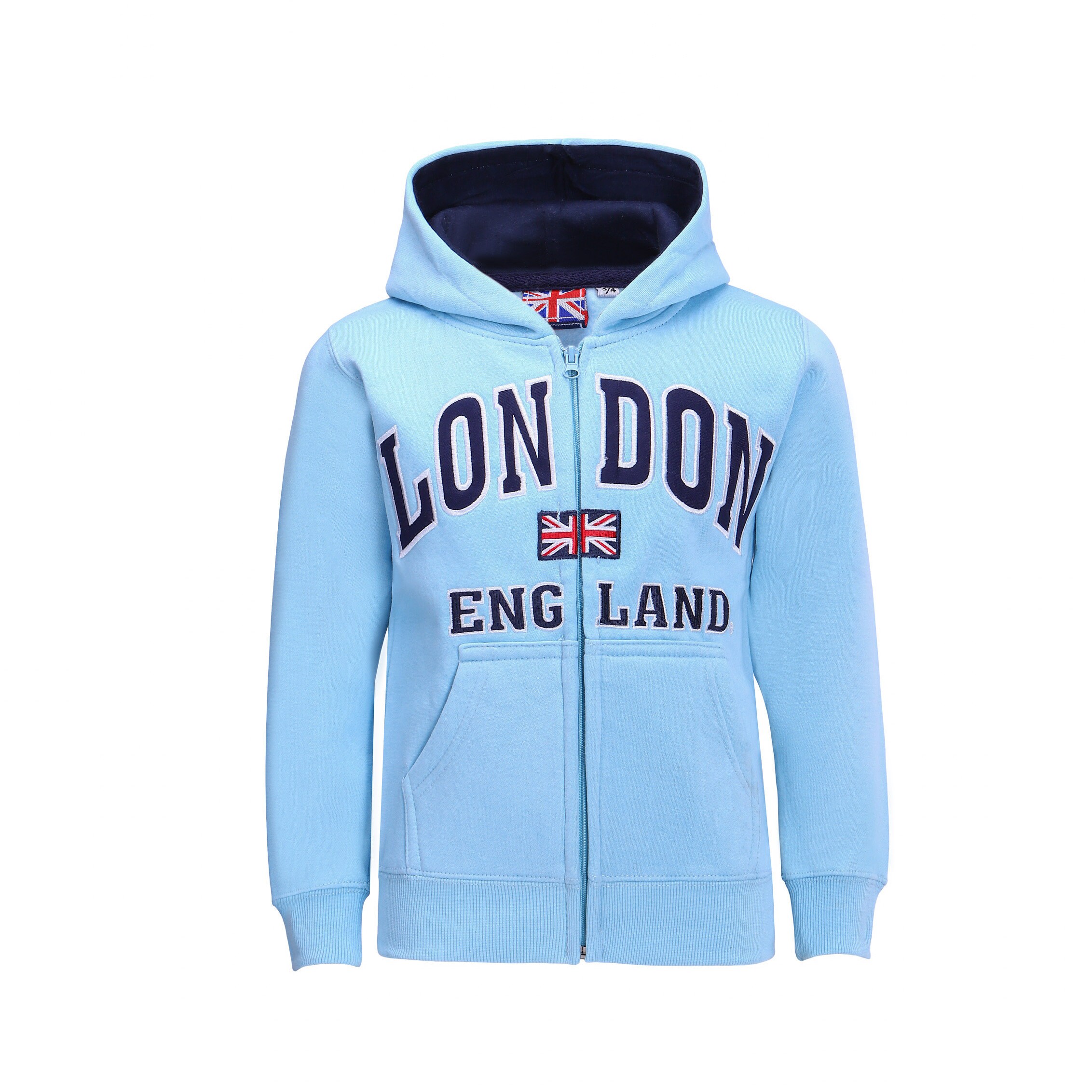 Felpa Con Cappuccio Itzu Per Bambini London England - Zip Intera, Cotone, Bandiera Union Jack, Tasca Frontale - Blu Reale 7-8 Anni