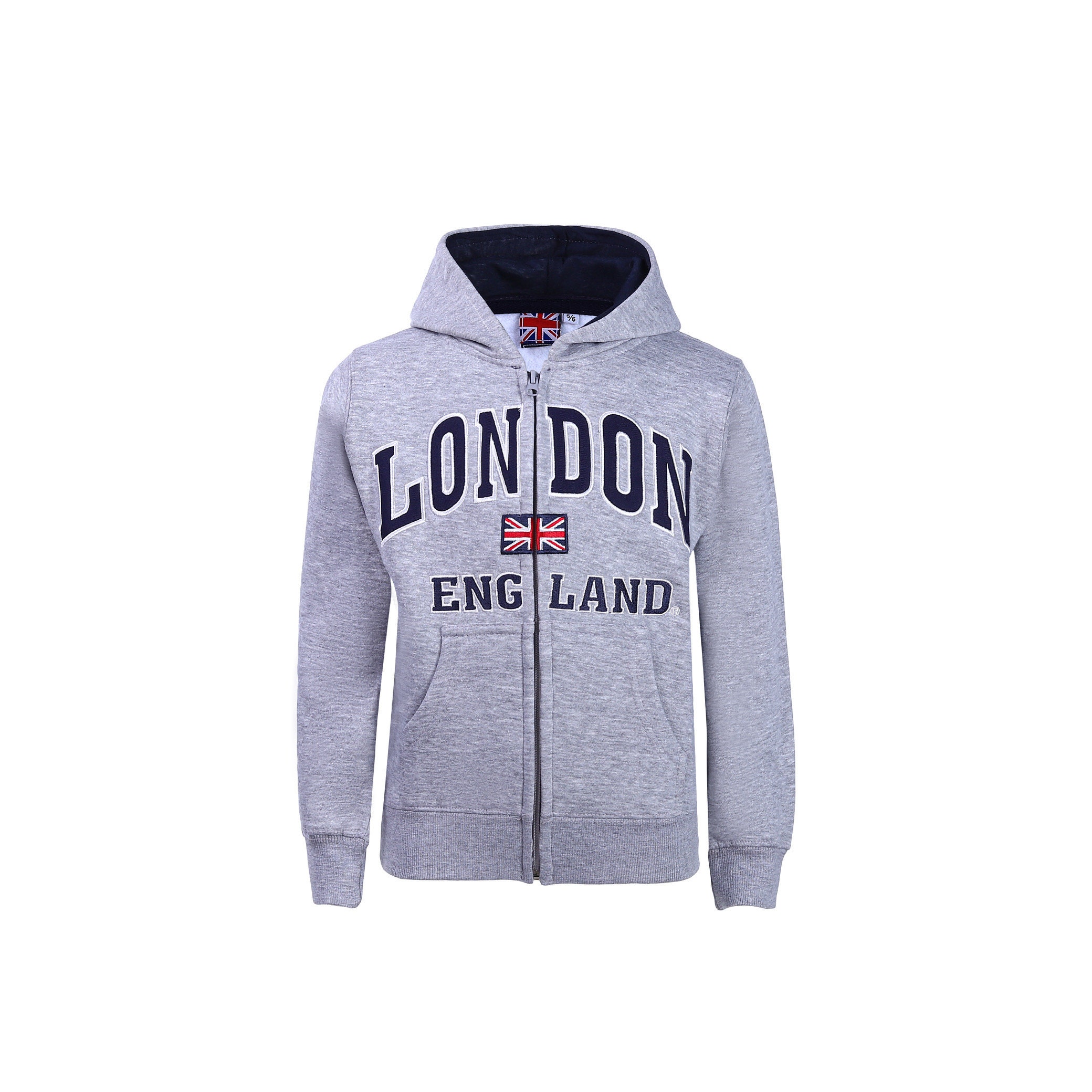 Felpa Con Cappuccio Itzu Bambini London England – Zip Intera, Cotone, Bandiera Britannica – Blu Reale Taglie 3-13 Anni - 2