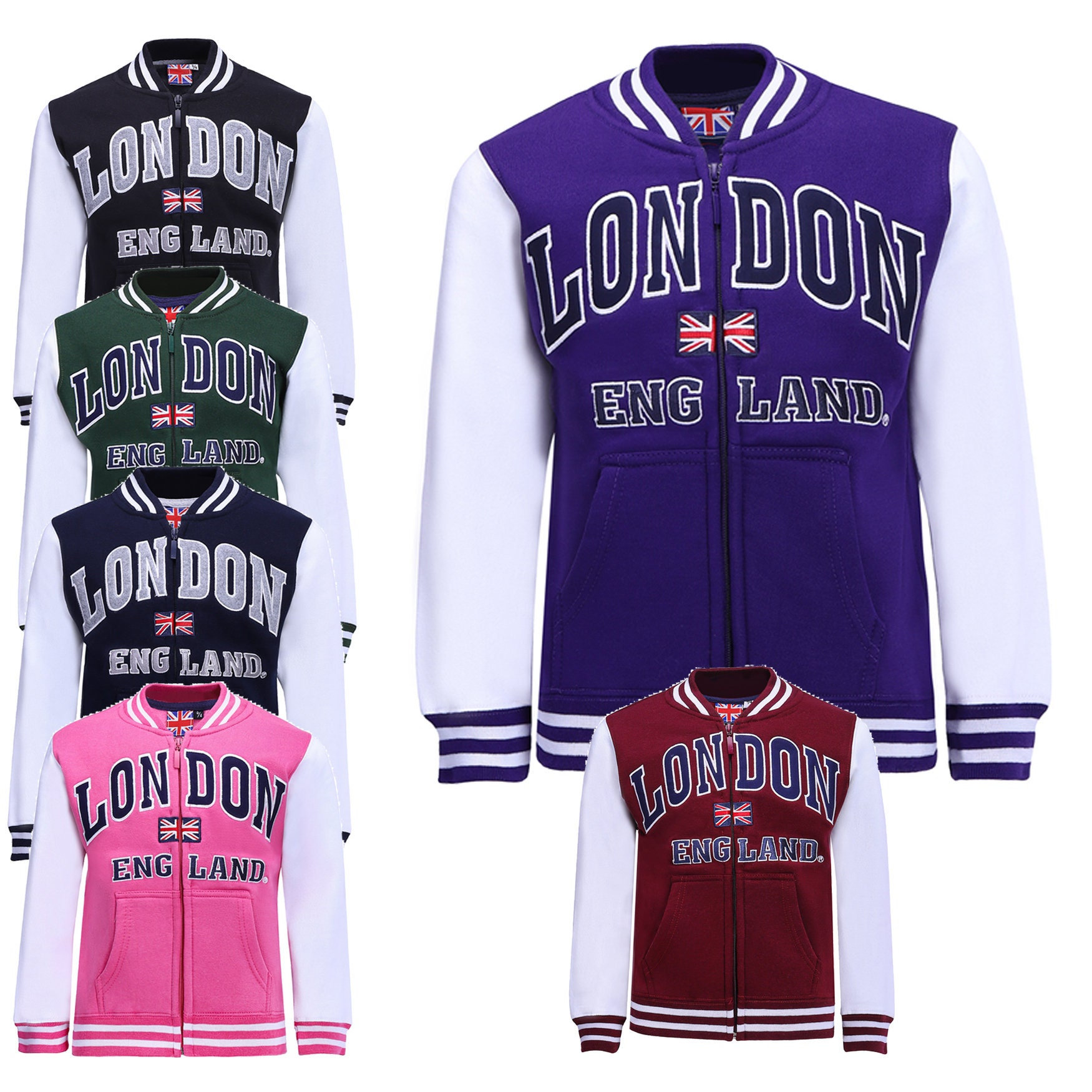 Kids Youth Varsity Jacket London England Zipped Cotton Union
