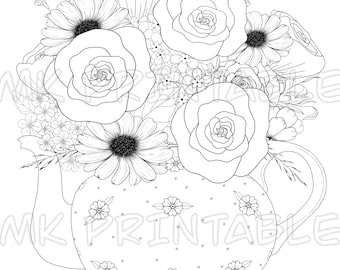 Tea Pot with Flowers Printable Coloring Page